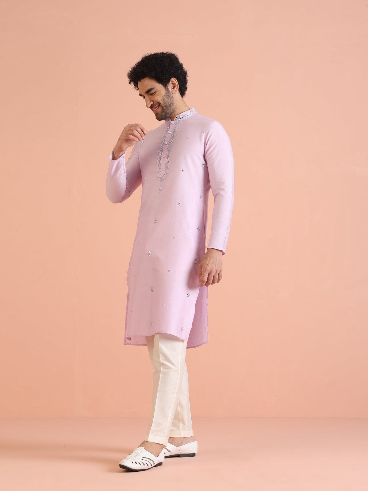 Light Pink Cotton Blend Embroidered Kurta with Intricate Neckline
