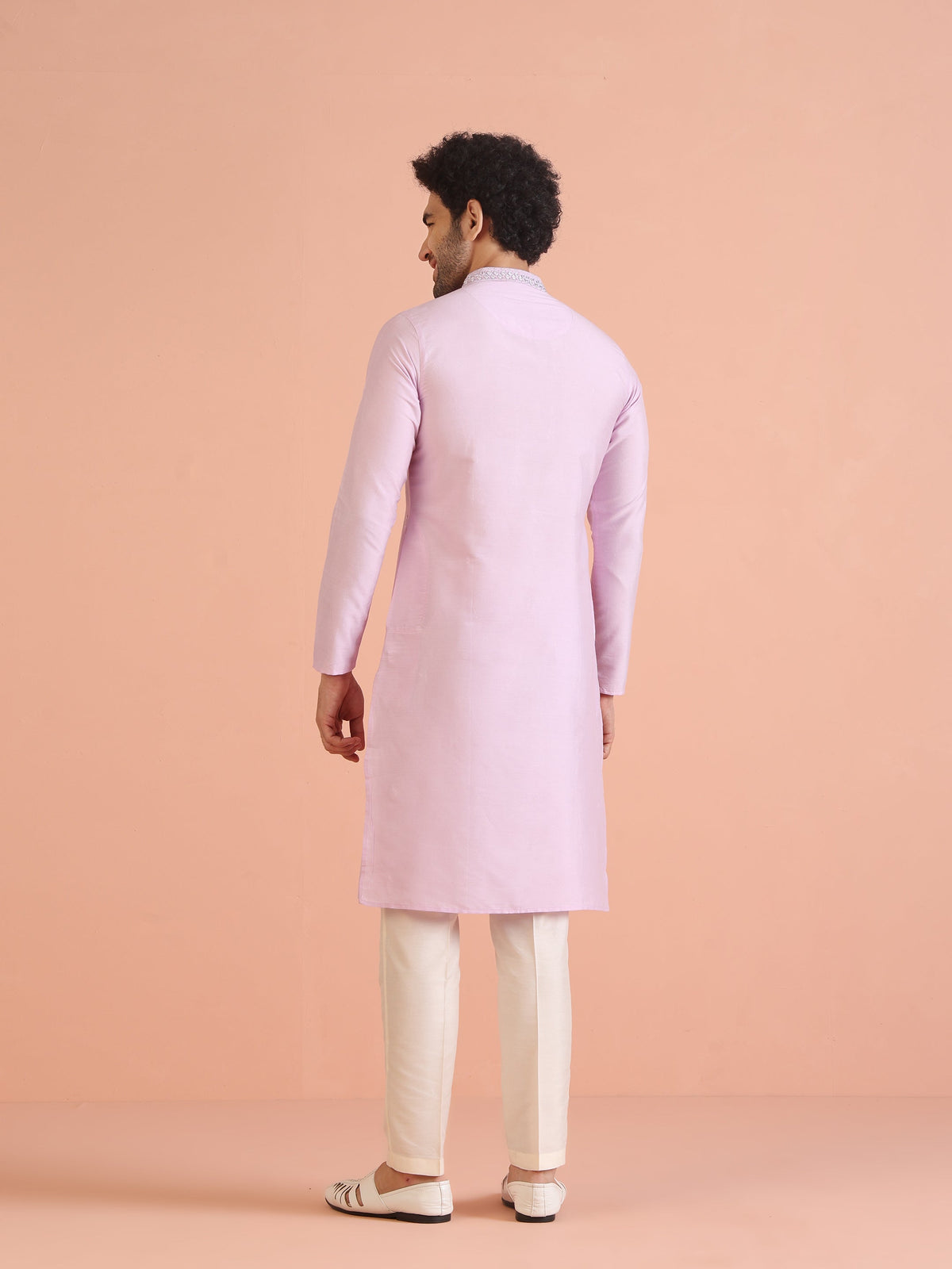 Light Pink Cotton Blend Embroidered Kurta with Intricate Neckline