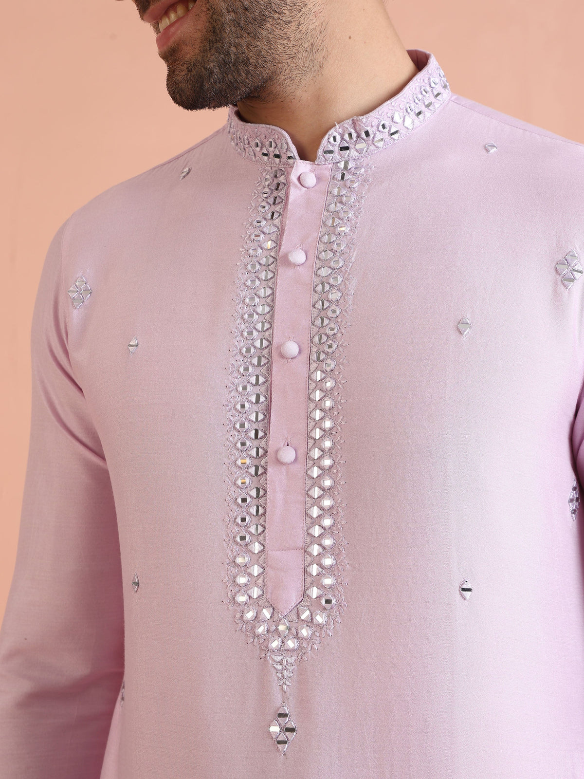 Light Pink Cotton Blend Embroidered Kurta with Intricate Neckline