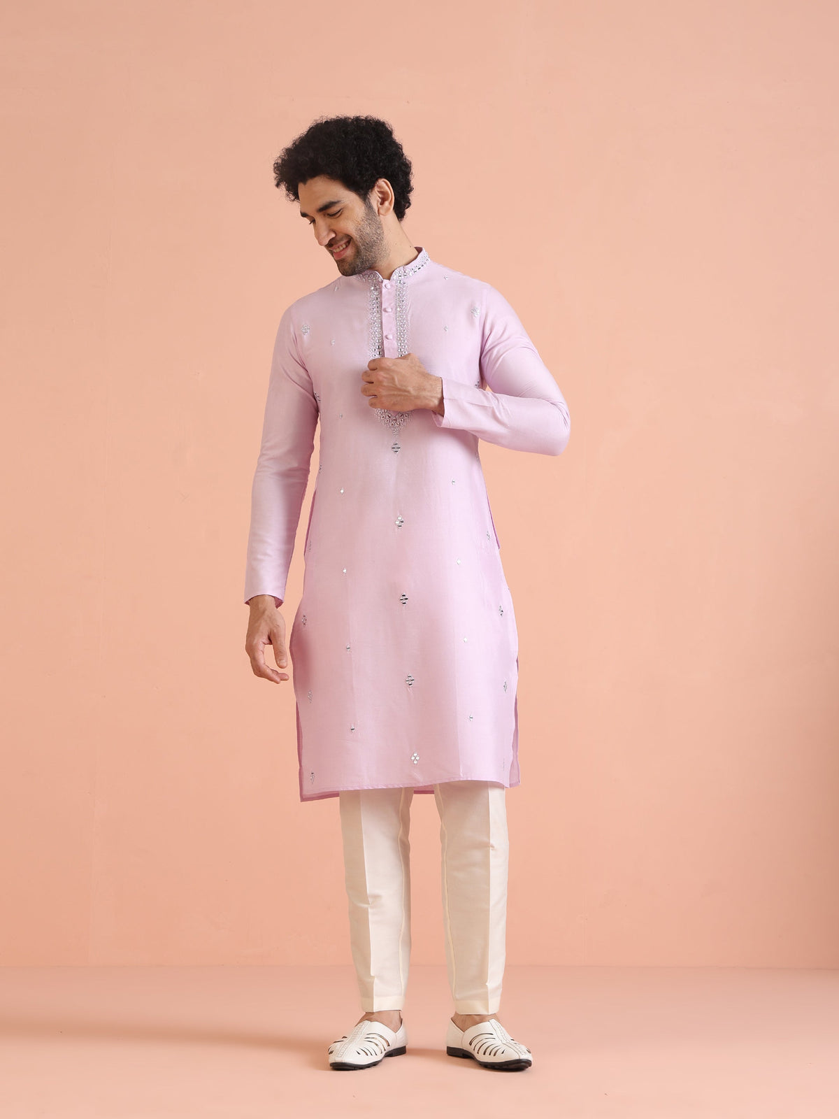Light Pink Cotton Blend Embroidered Kurta with Intricate Neckline