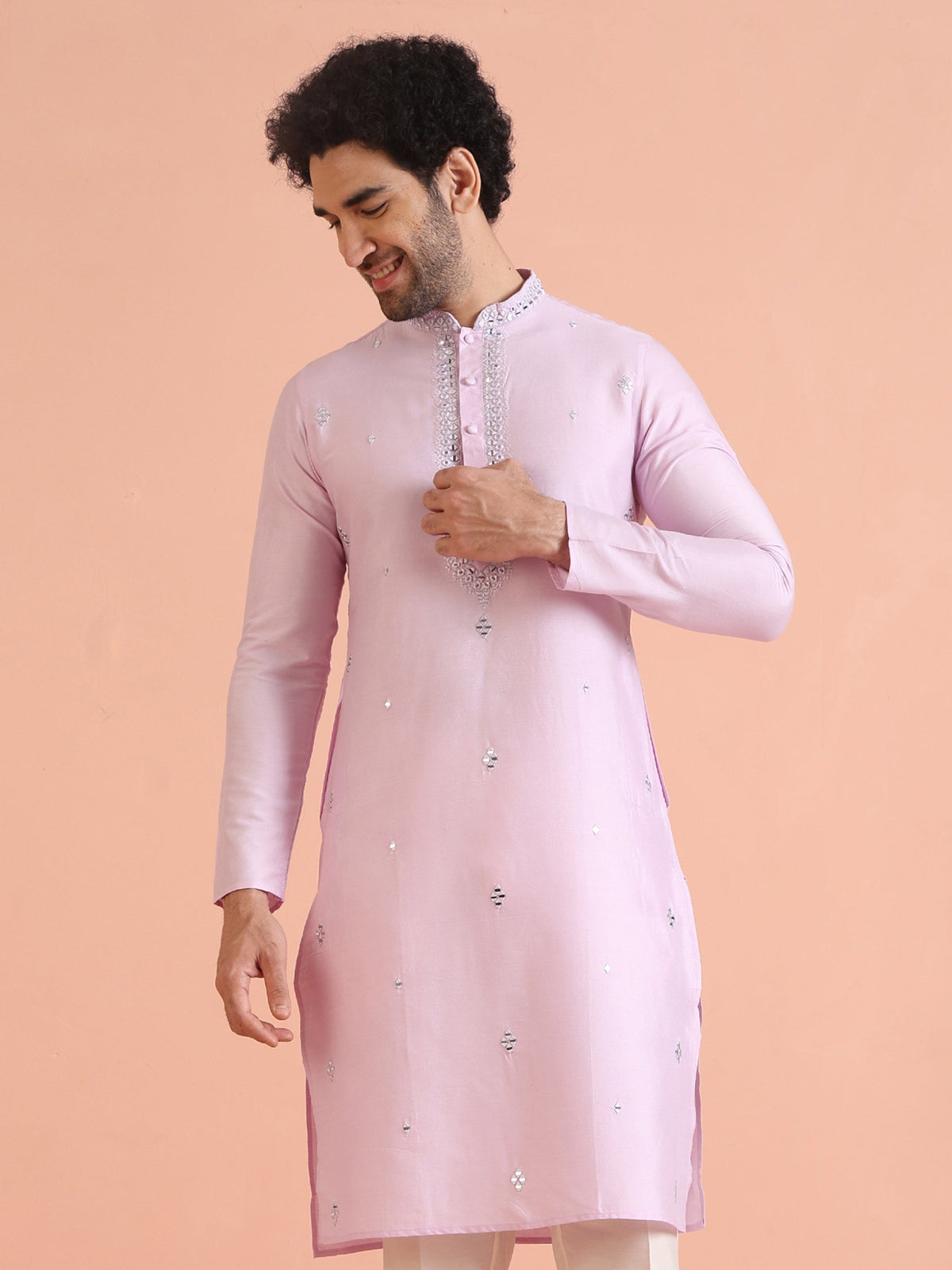 Light Pink Cotton Blend Embroidered Kurta with Intricate Neckline