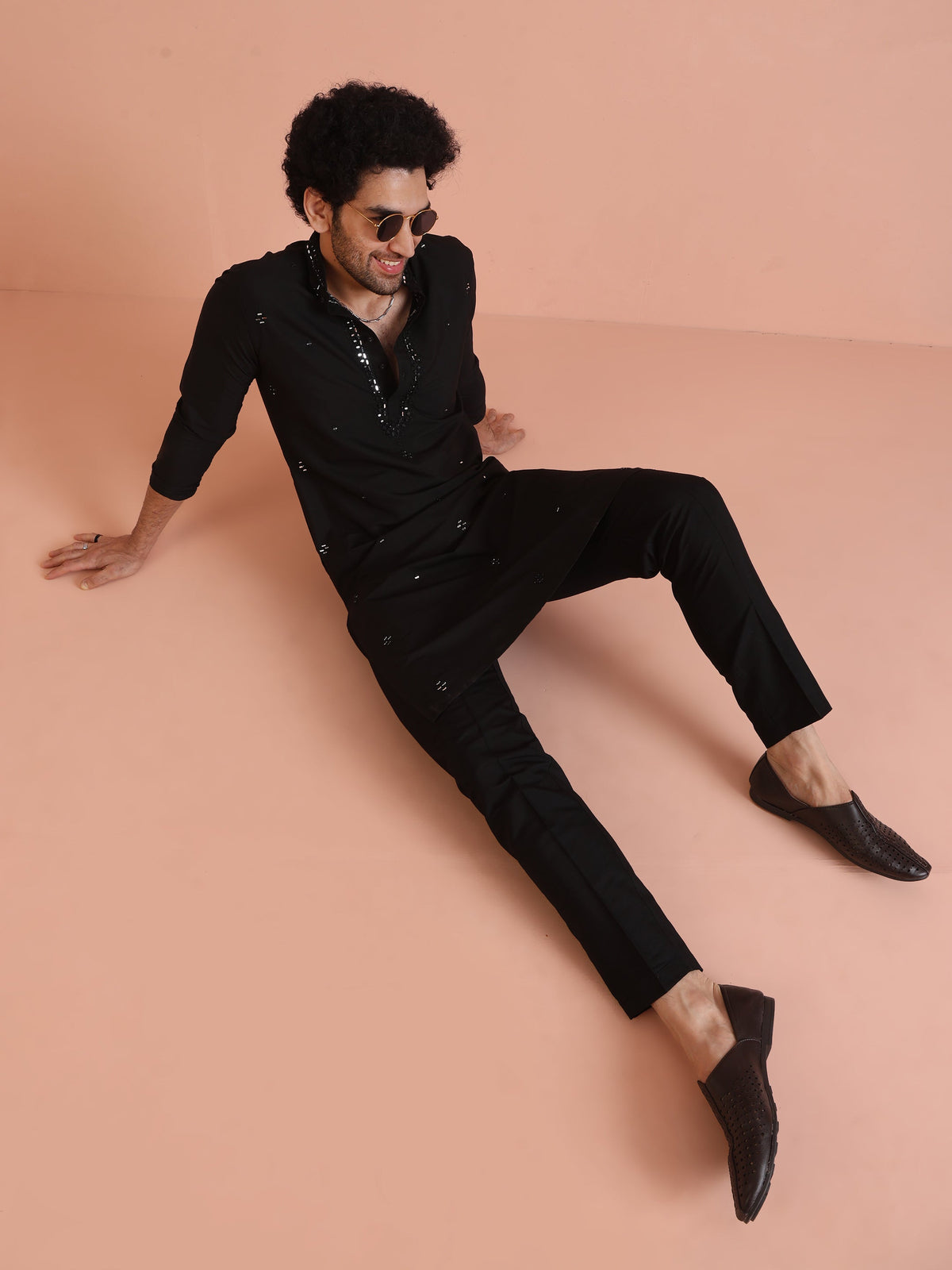 Black Cotton Blend Mirror Work Kurta