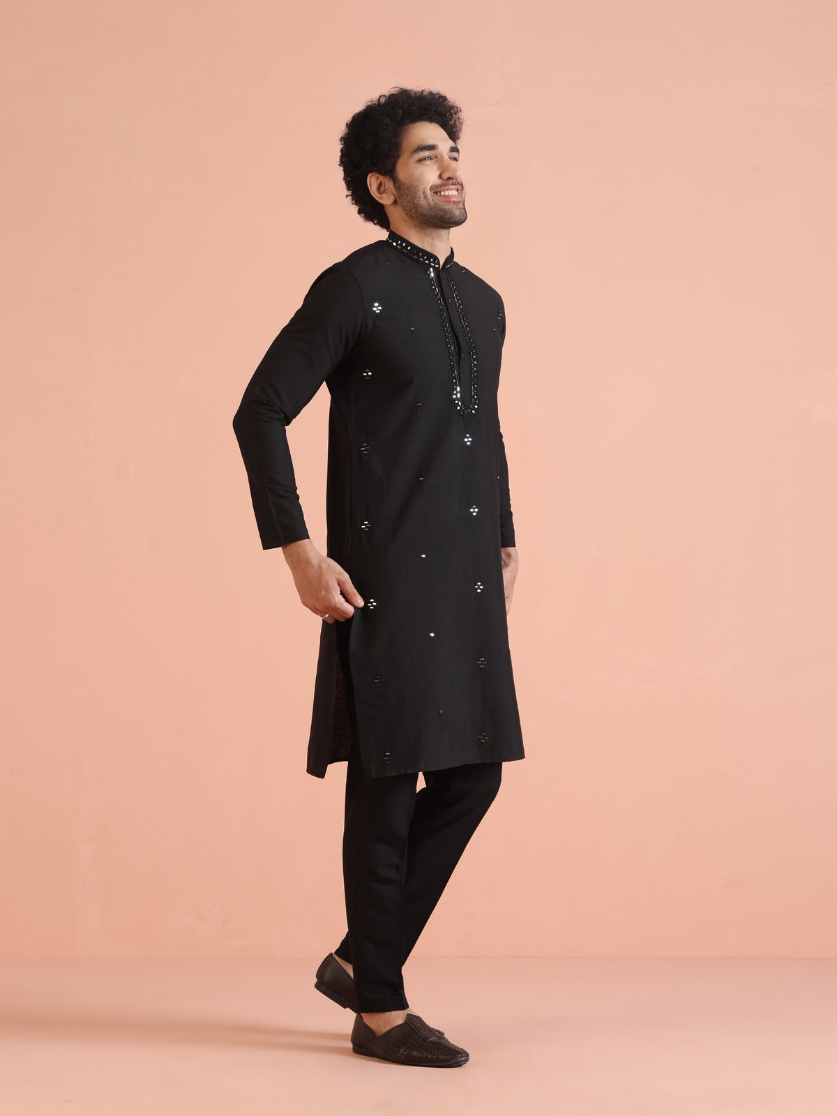 Black Cotton Blend Mirror Work Kurta