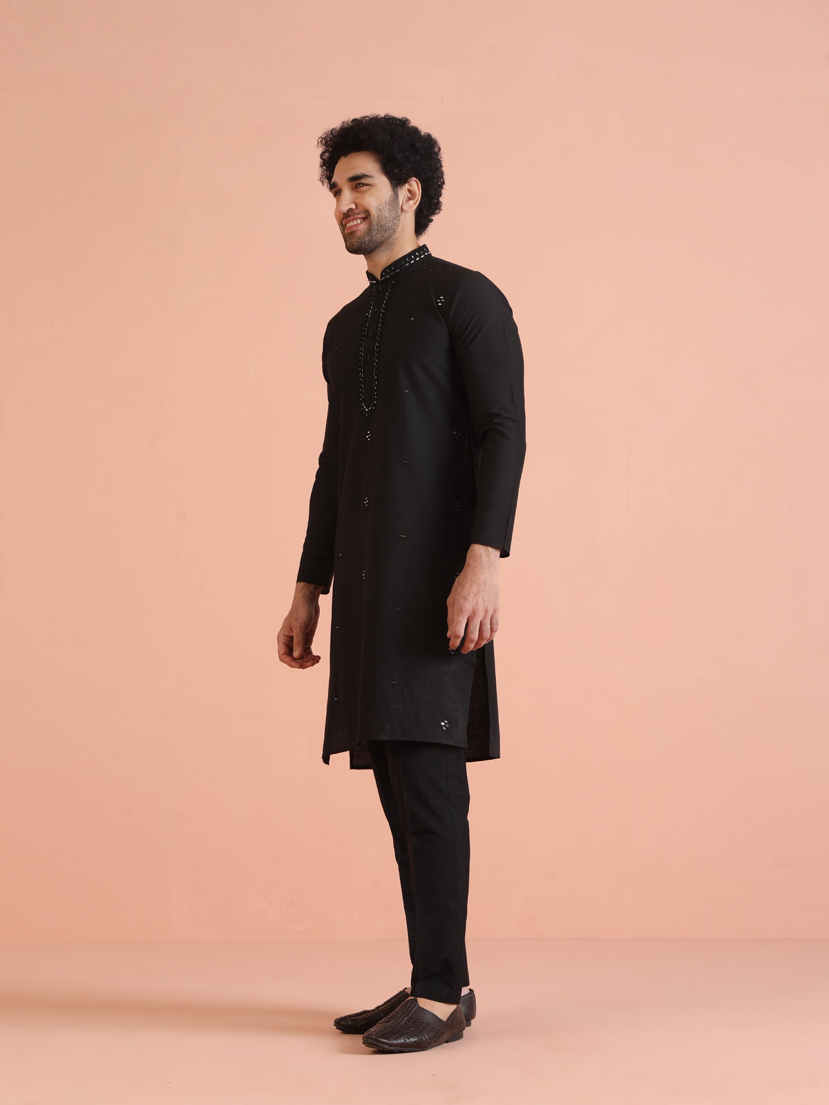 Black Cotton Blend Mirror Work Kurta