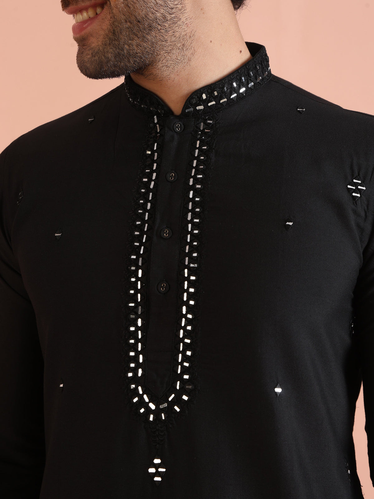 Black Cotton Blend Mirror Work Kurta