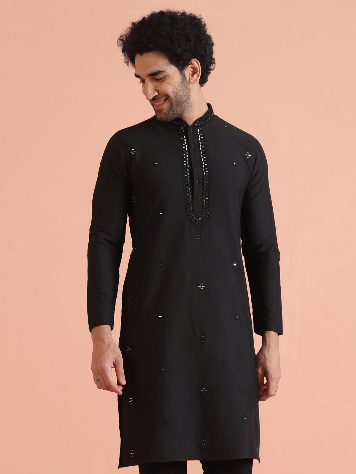 Black Cotton Blend Mirror Work Kurta