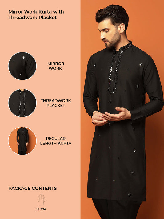 Black Cotton Blend Mirror Work Kurta
