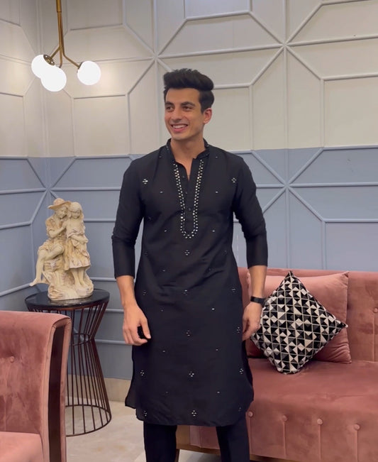 Black Cotton Blend Mirror Work Kurta