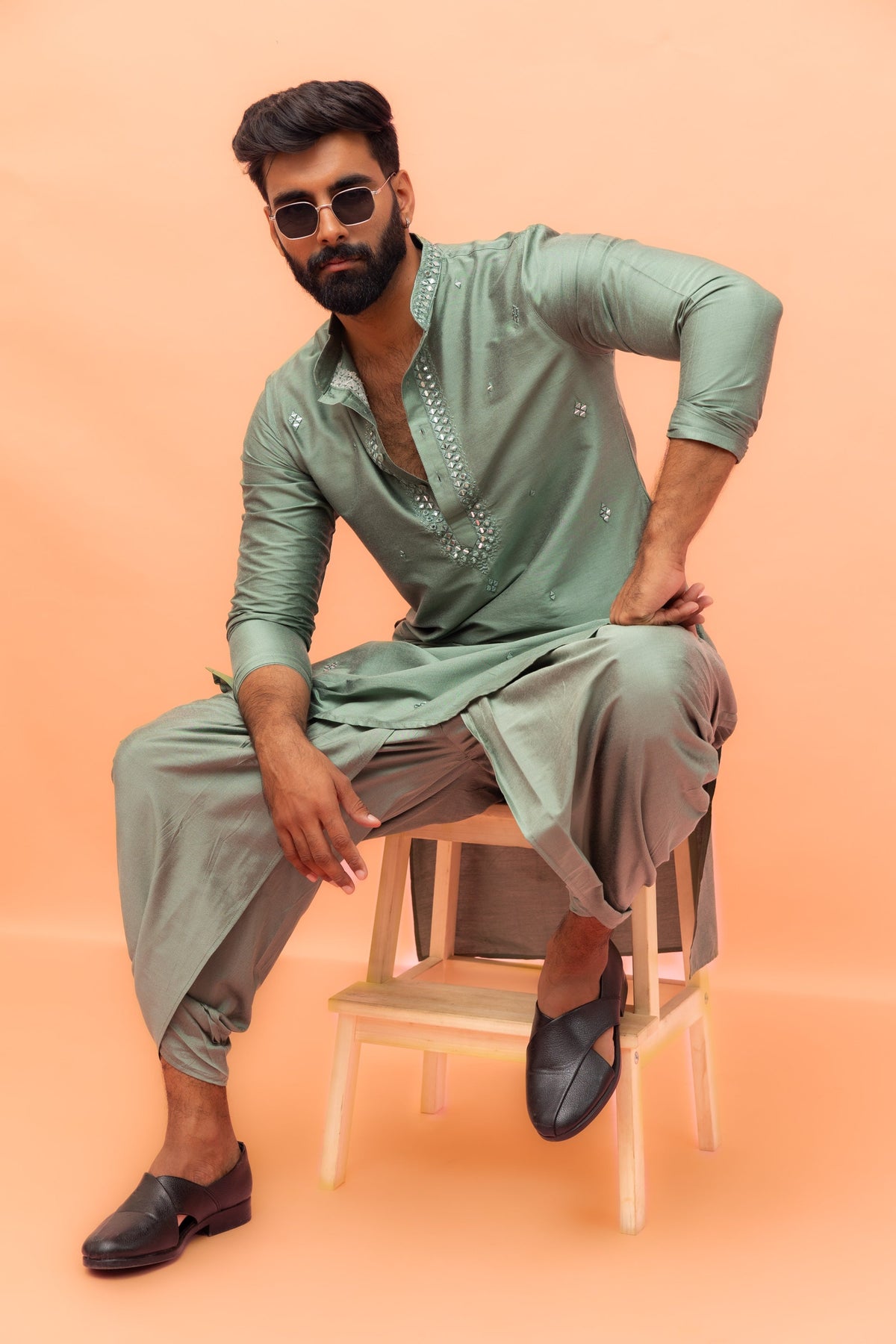 Green Cotton Blend Mirror Work Long Kurta