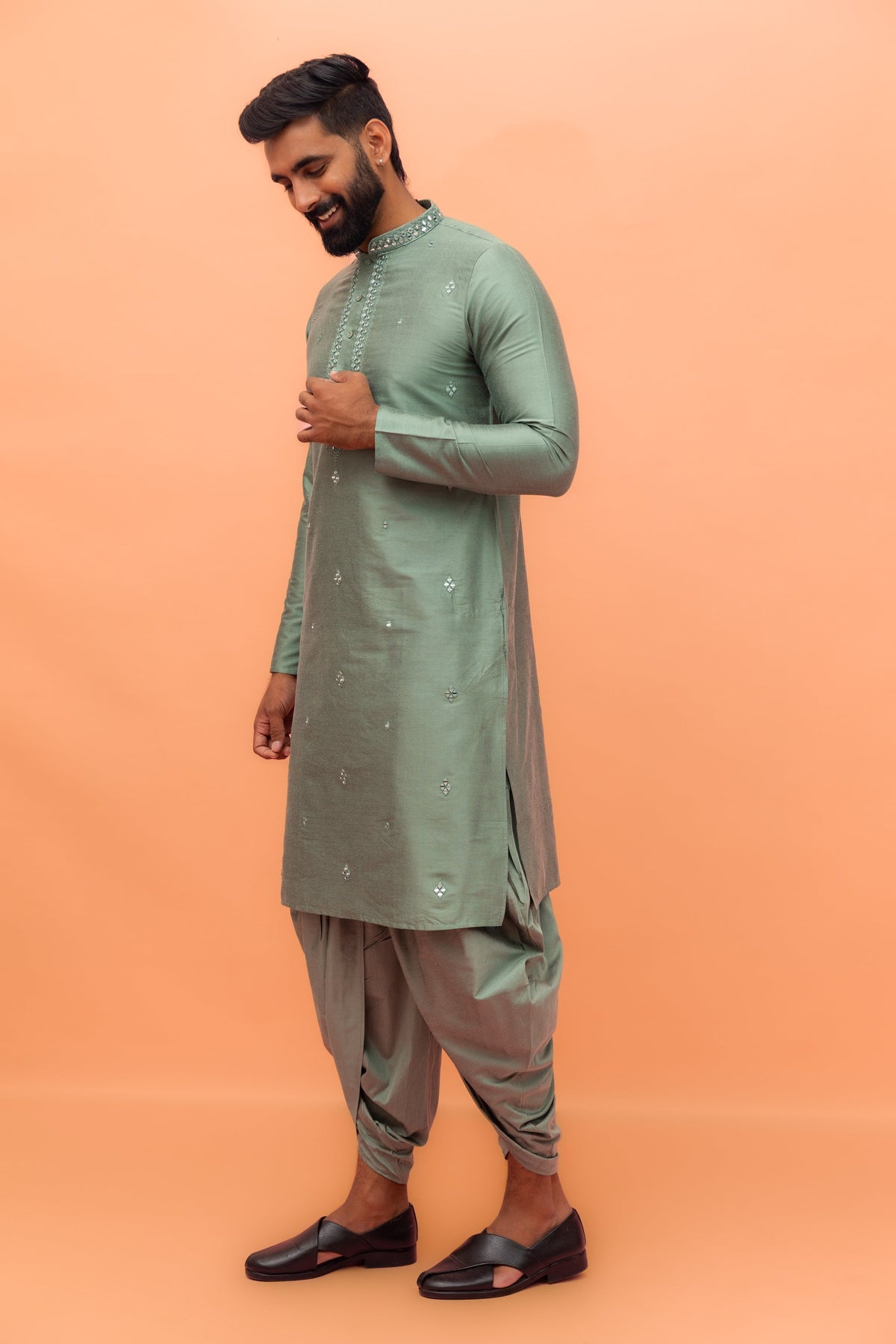 Green Cotton Blend Mirror Work Long Kurta