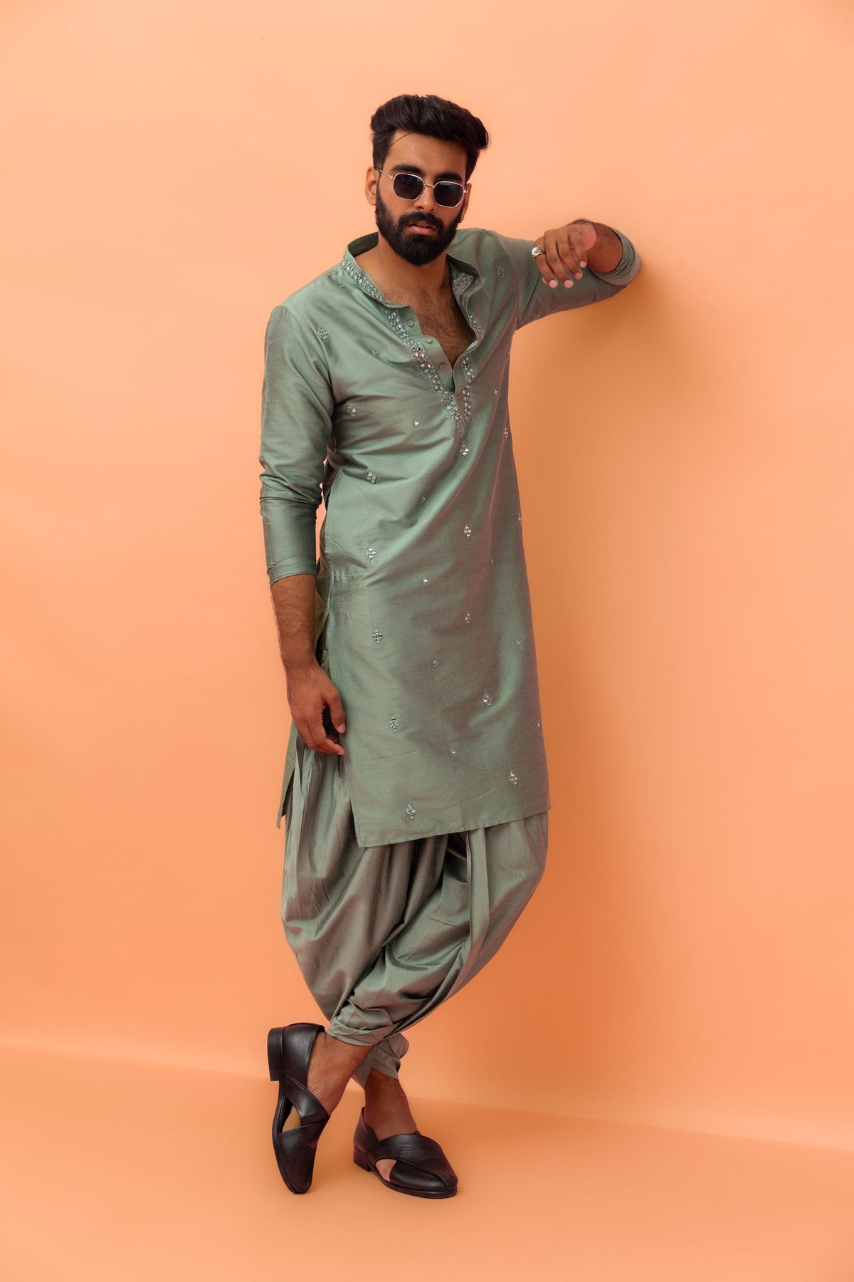 Green Cotton Blend Mirror Work Long Kurta