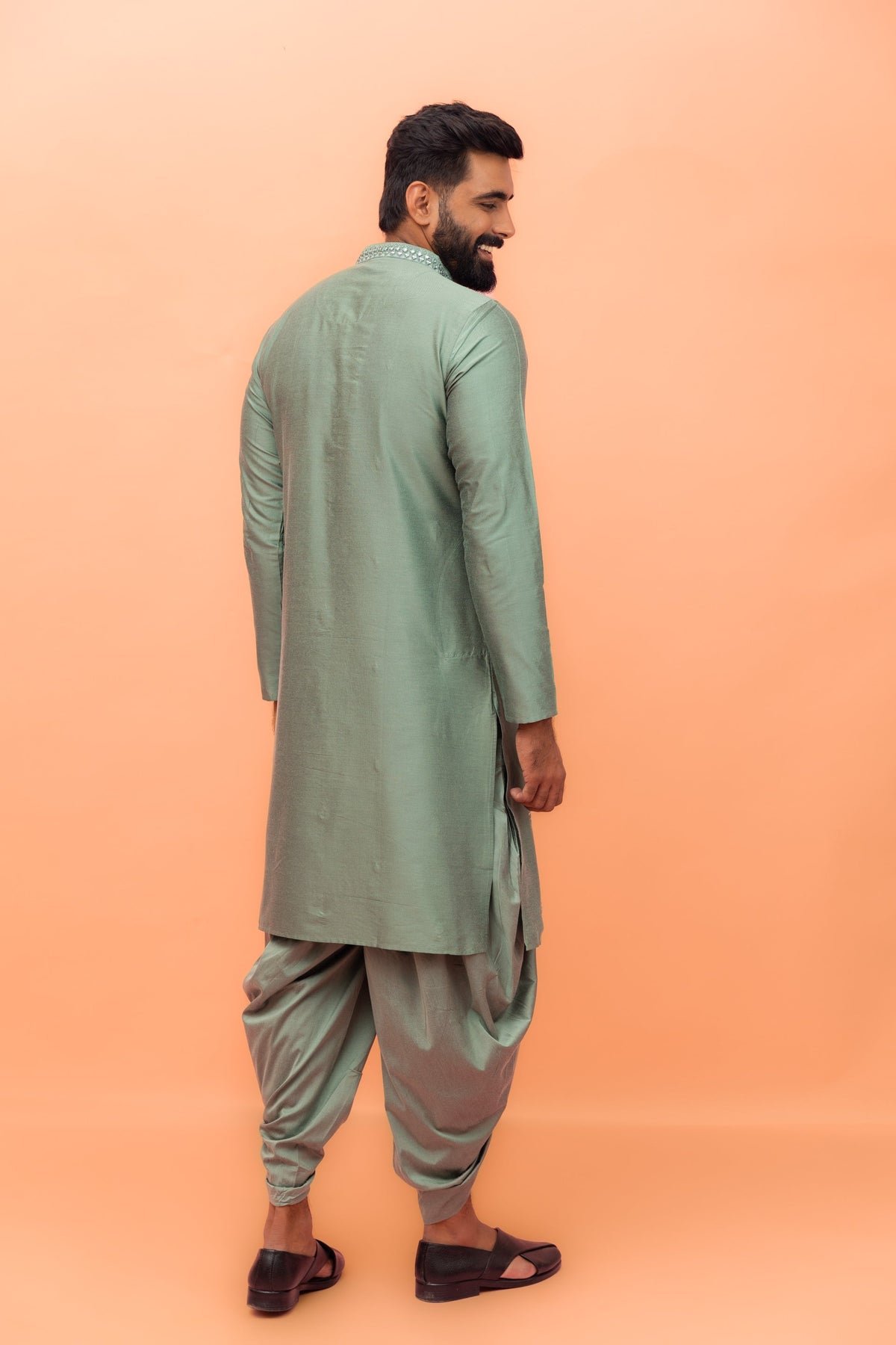Green Cotton Blend Mirror Work Long Kurta