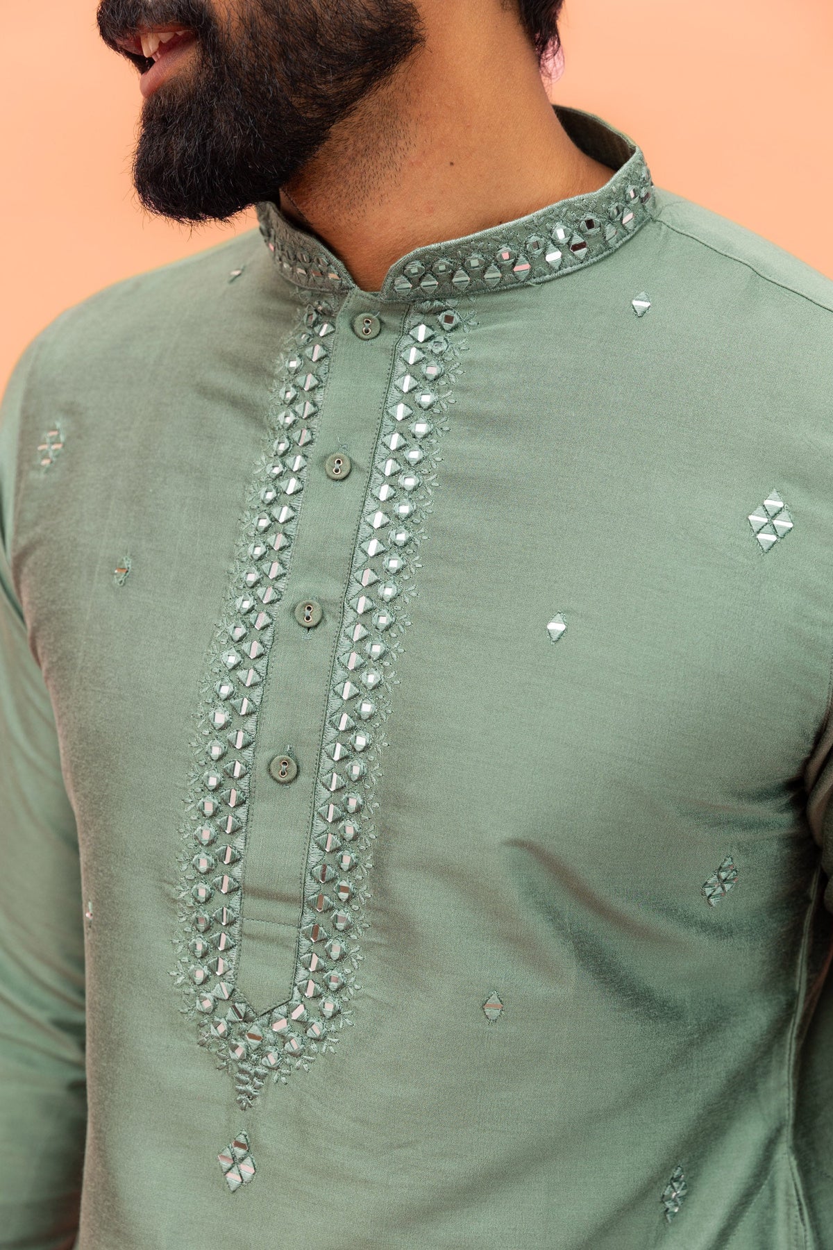 Green Cotton Blend Mirror Work Long Kurta
