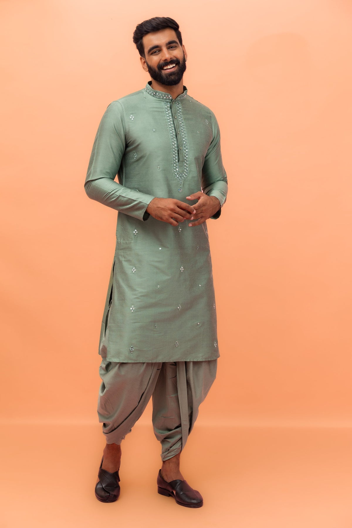 Green Cotton Blend Mirror Work Long Kurta