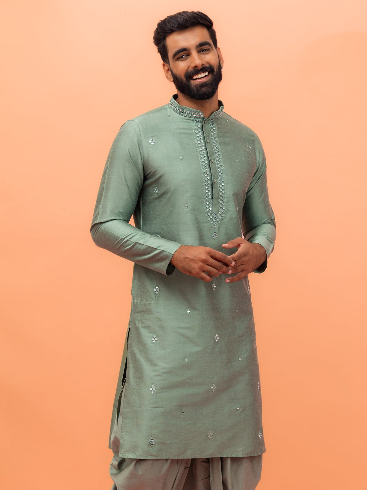 Green Cotton Blend Mirror Work Long Kurta