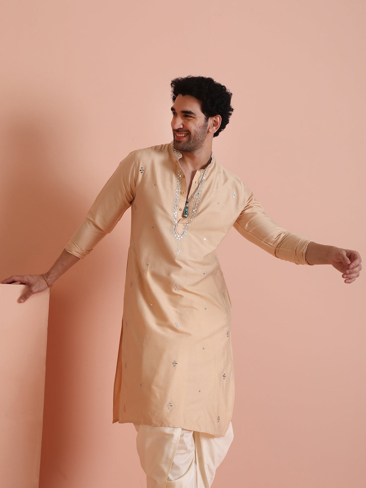 Beige Cotton Blend Mirror Work Long Kurta