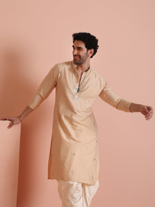 Beige Cotton Blend Mirror Work Long Kurta