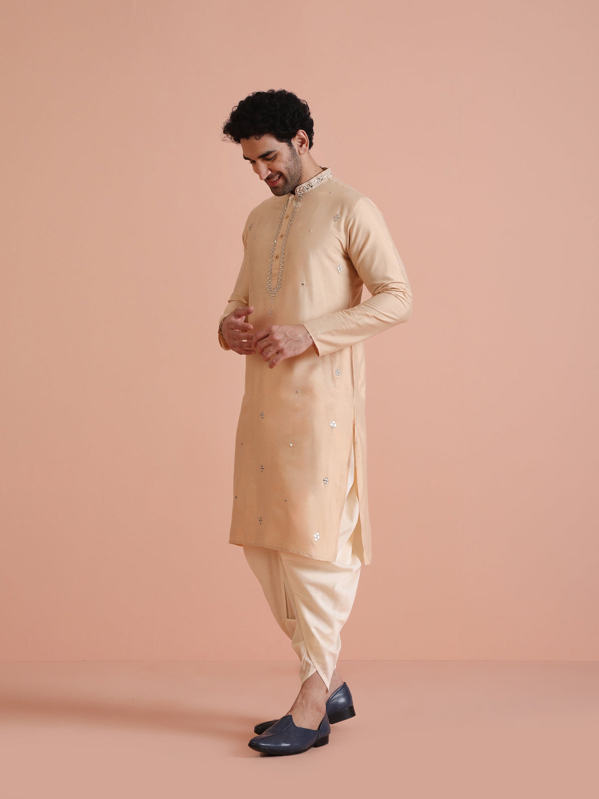Beige Cotton Blend Mirror Work Long Kurta
