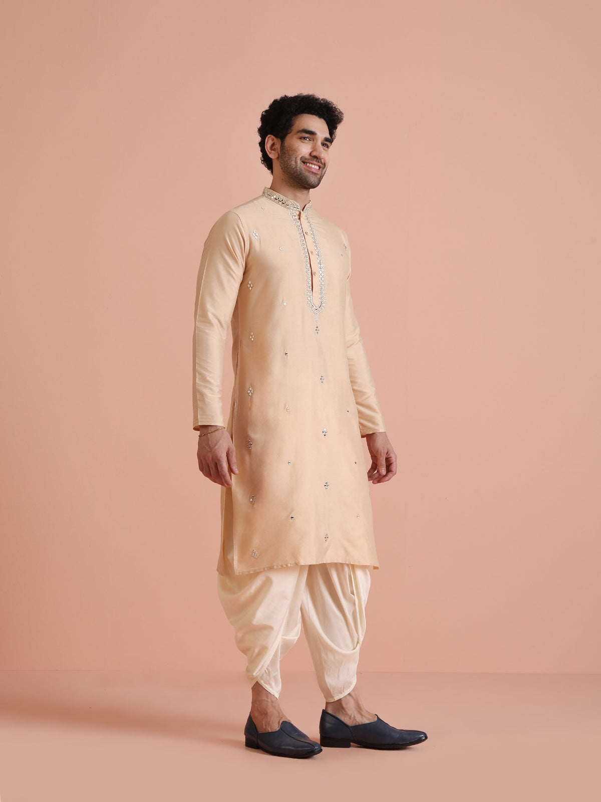 Beige Cotton Blend Mirror Work Long Kurta