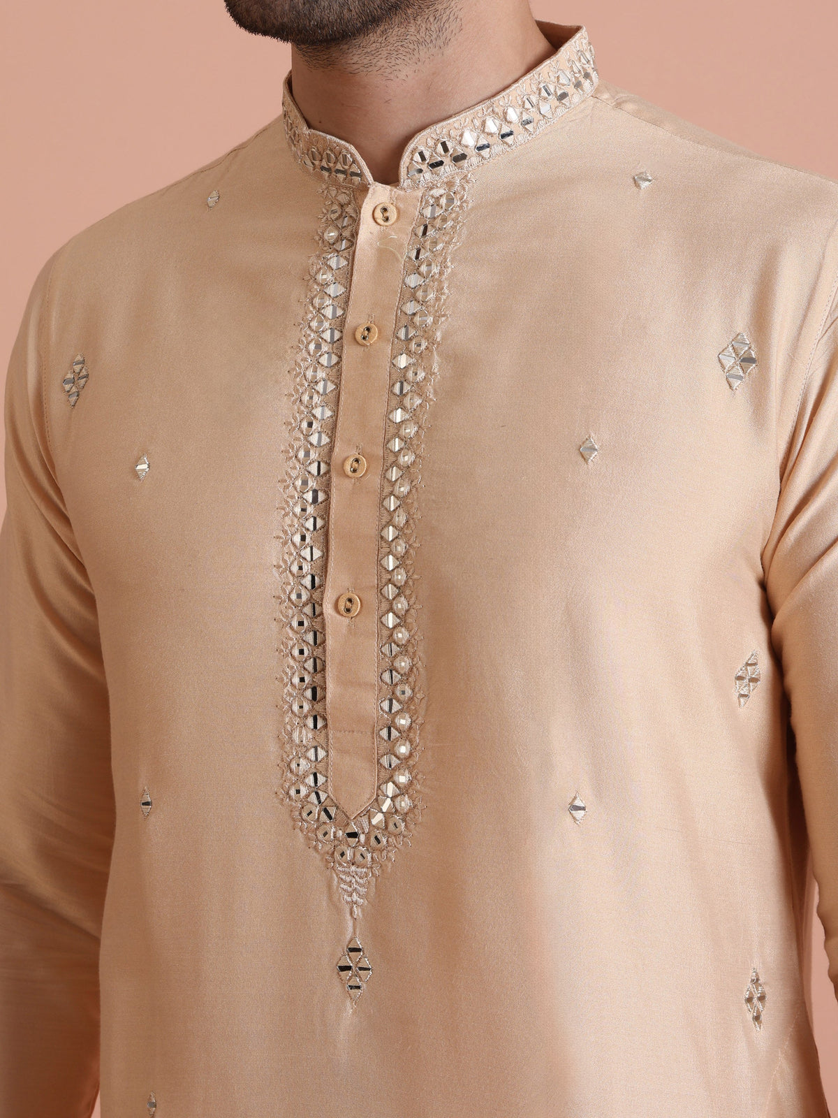 Beige Cotton Blend Mirror Work Long Kurta