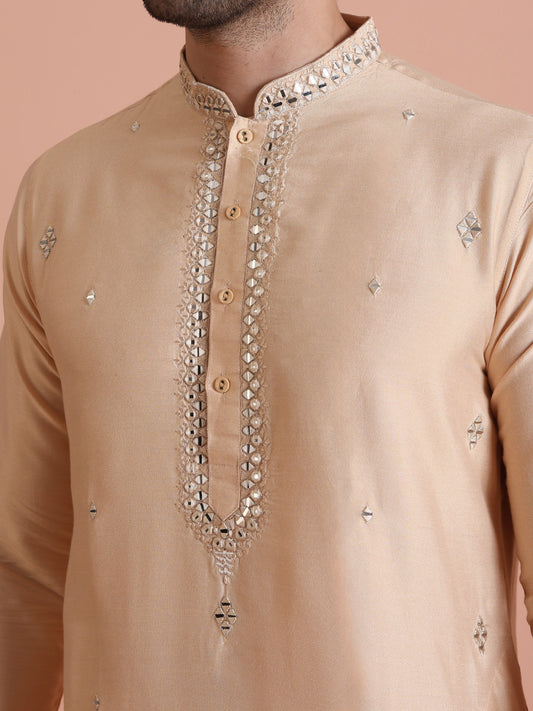 Beige Cotton Blend Mirror Work Long Kurta