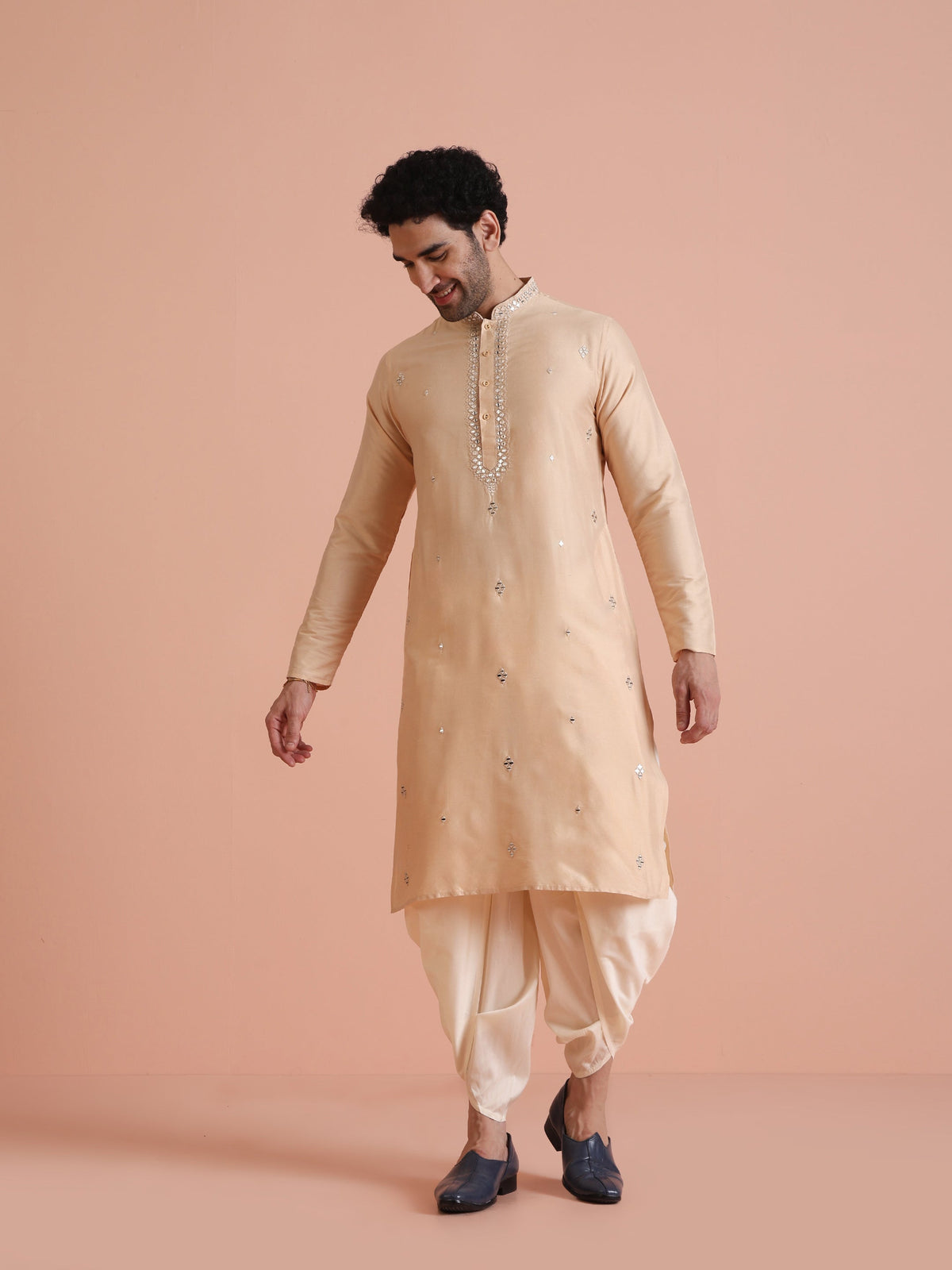 Beige Cotton Blend Mirror Work Long Kurta