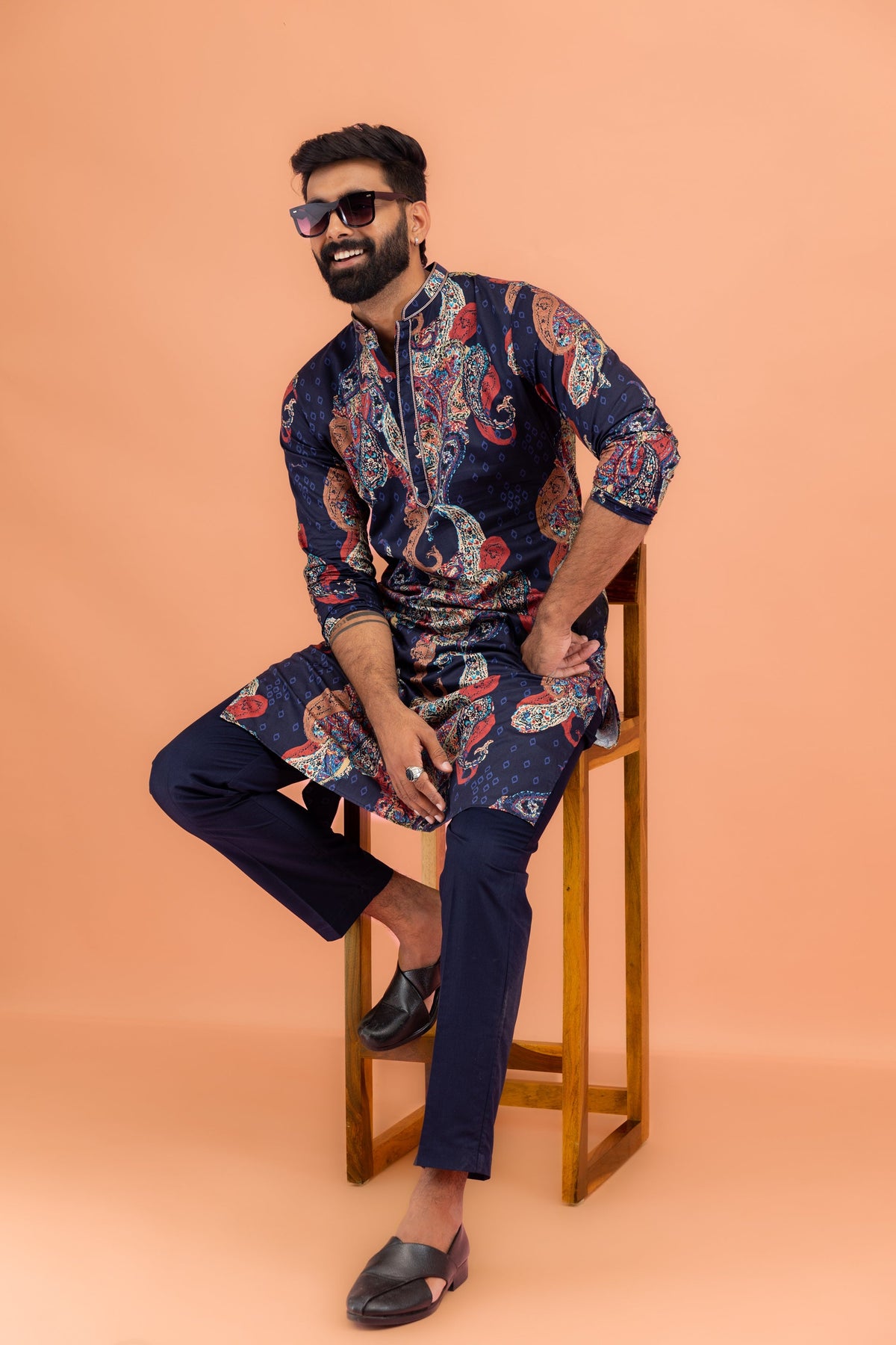 Navy Blue Silk Blend Kurta with Multicolor Paisley Prints