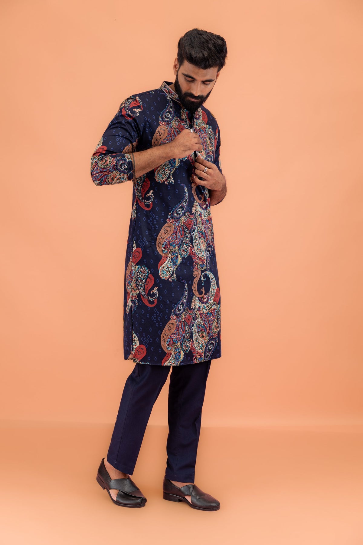 Navy Blue Silk Blend Kurta with Multicolor Paisley Prints