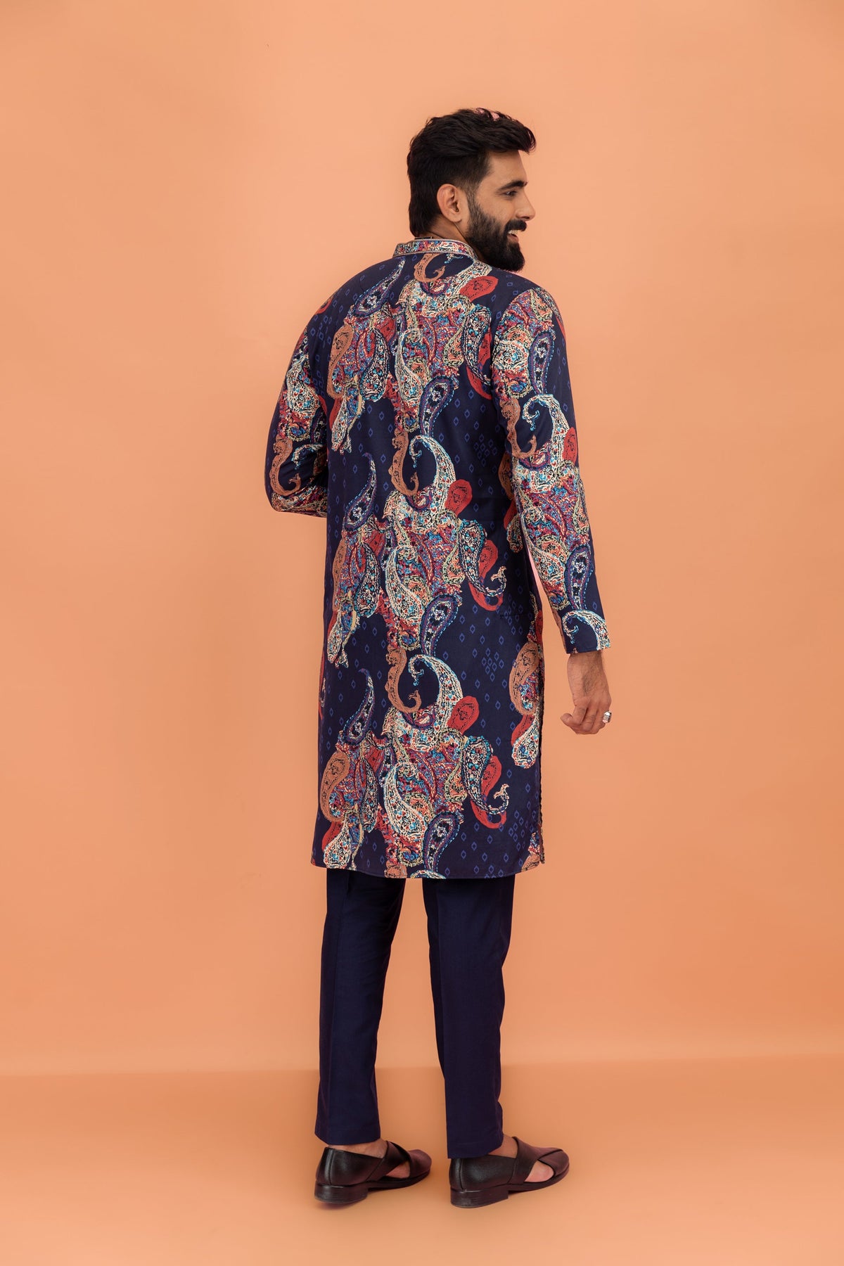 Navy Blue Silk Blend Kurta with Multicolor Paisley Prints