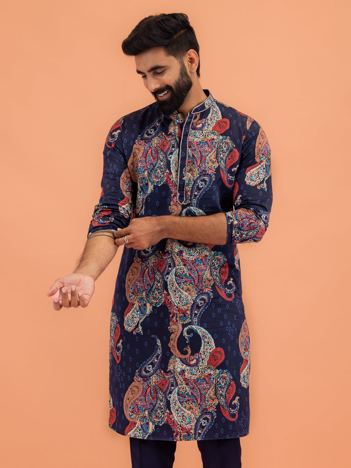 Navy Blue Silk Blend Kurta with Multicolor Paisley Prints