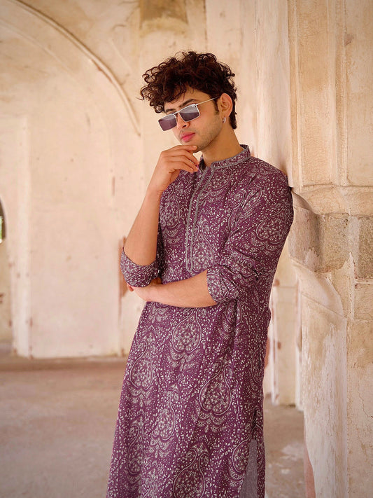 Magenta Art Silk Paisley Printed Kurta