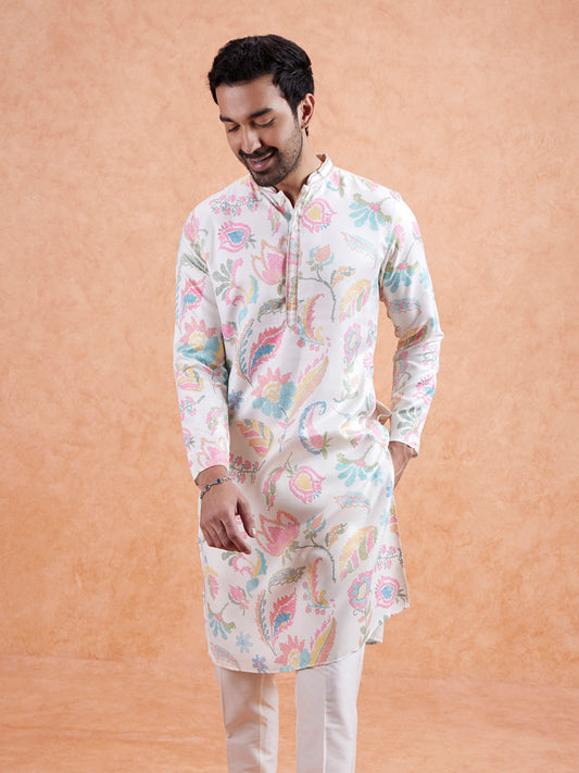 White Silk Blend Kurta with Multicolor Floral Prints and Mandarin Collar
