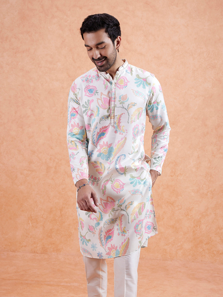 White Silk Blend Kurta with Multicolor Floral Prints and Mandarin Collar