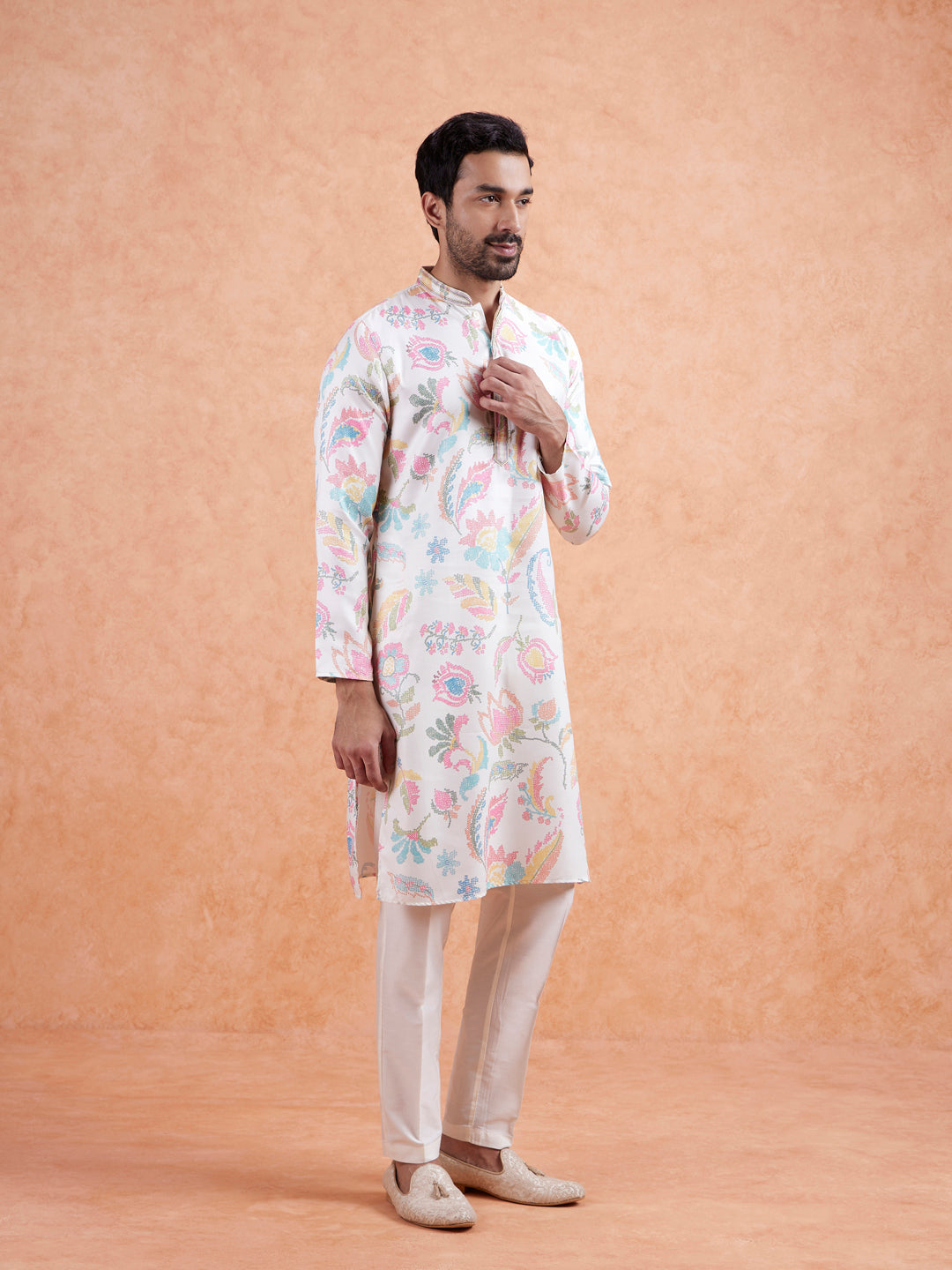 White Silk Blend Kurta with Multicolor Floral Prints and Mandarin Collar