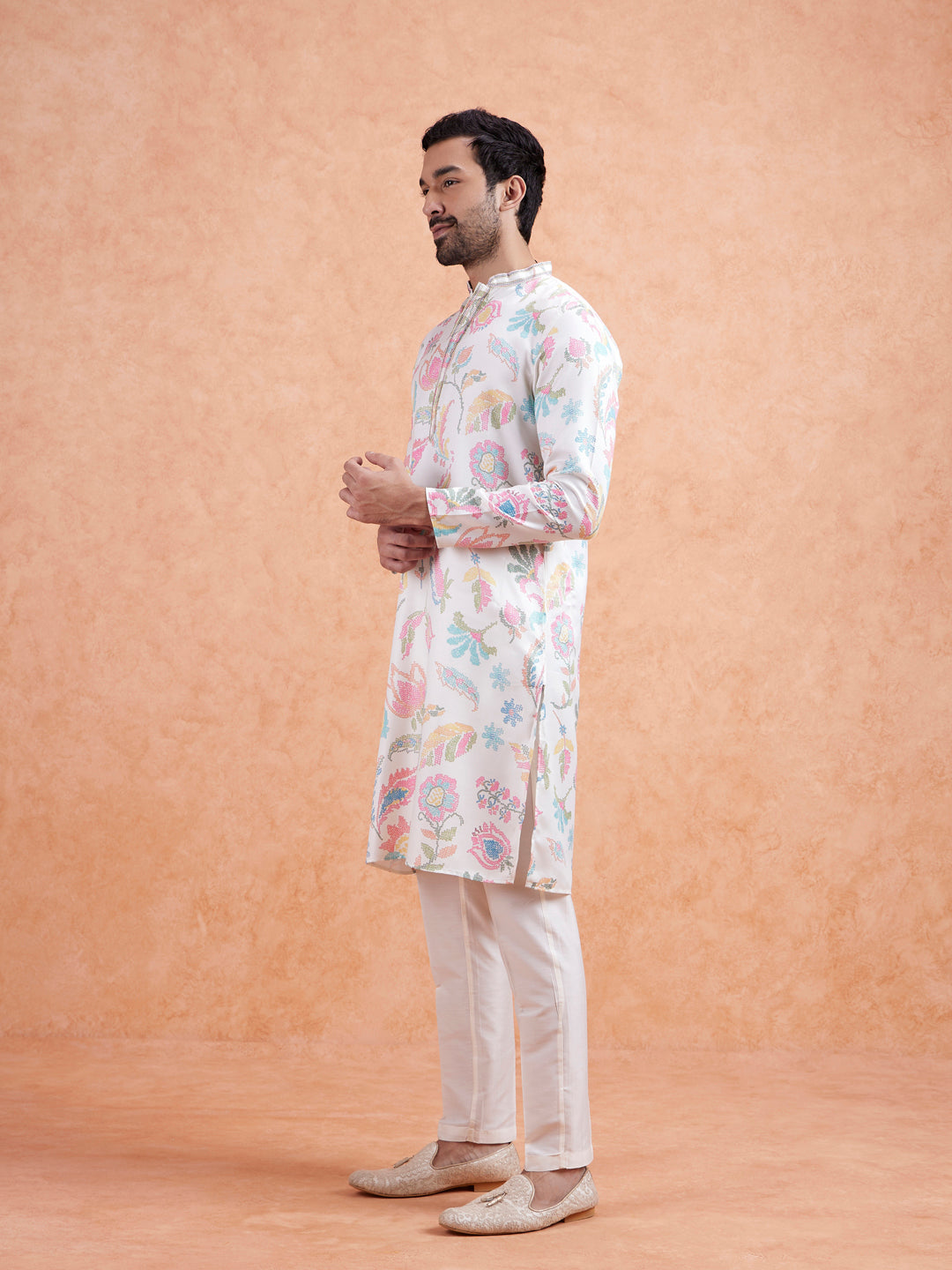 White Silk Blend Kurta with Multicolor Floral Prints and Mandarin Collar