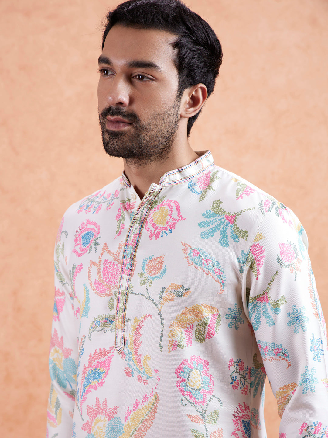 White Silk Blend Kurta with Multicolor Floral Prints and Mandarin Collar