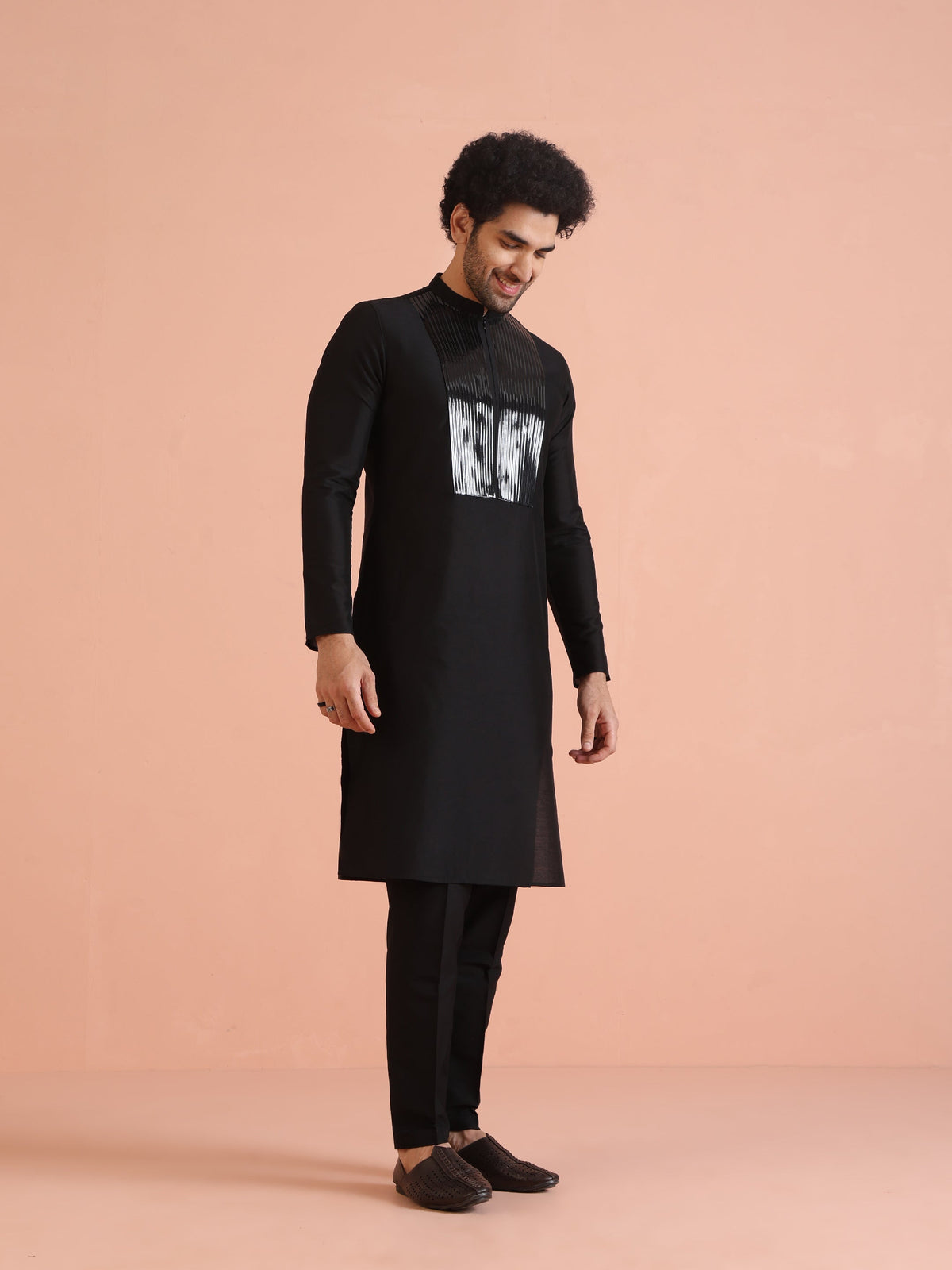 Men Black Tape Work Embellished Kurta