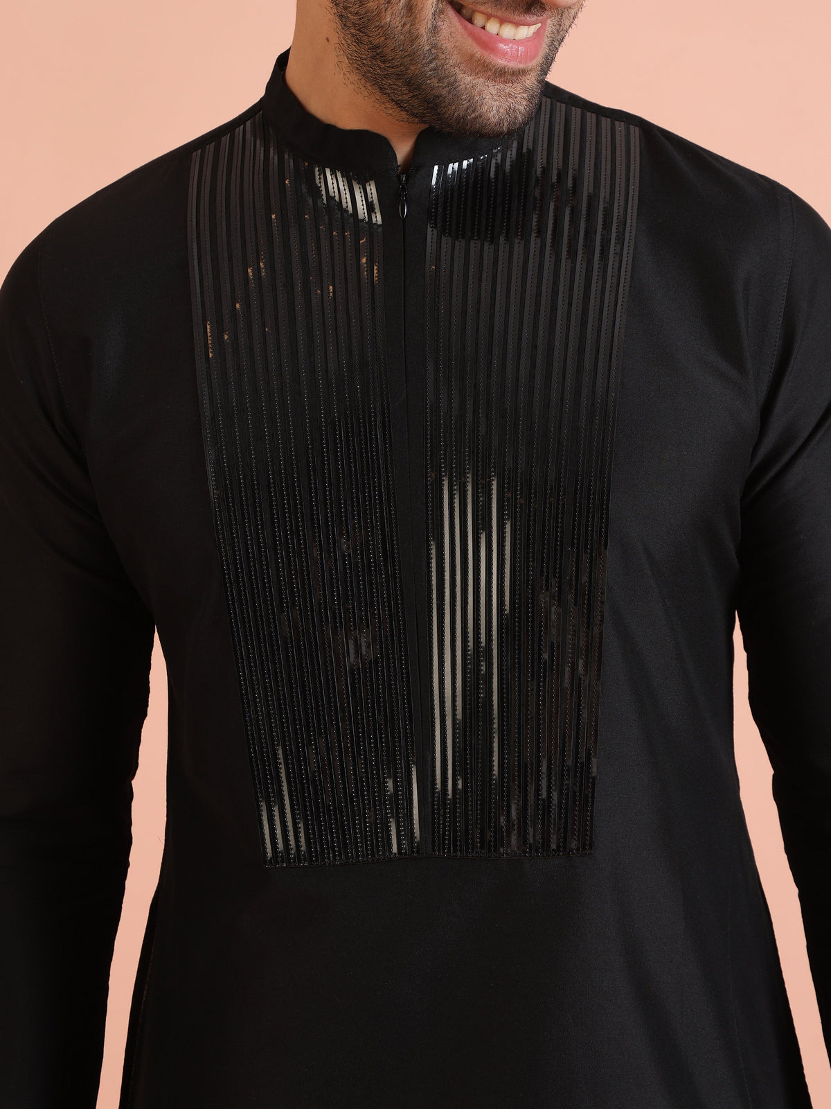 Men Black Tape Work Embellished Kurta