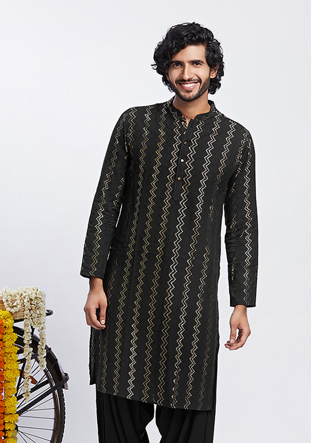 Black Cotton Metallic Printed Long Kurta