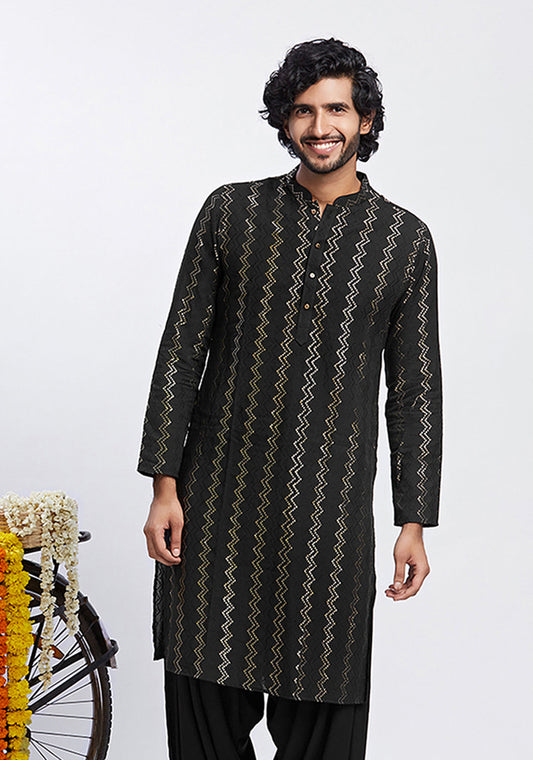 Black Cotton Metallic Printed Long Kurta