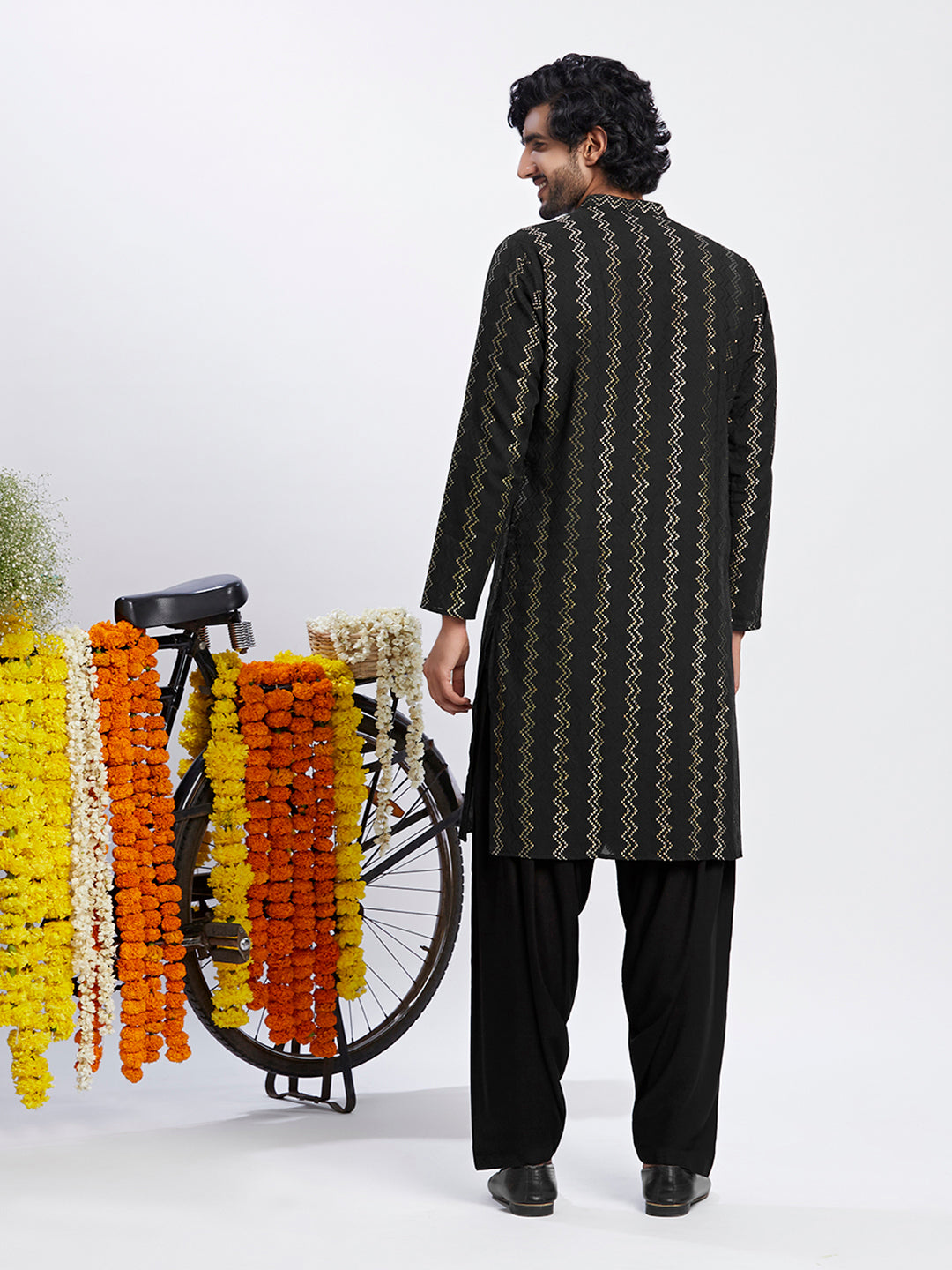 Black Cotton Metallic Printed Long Kurta