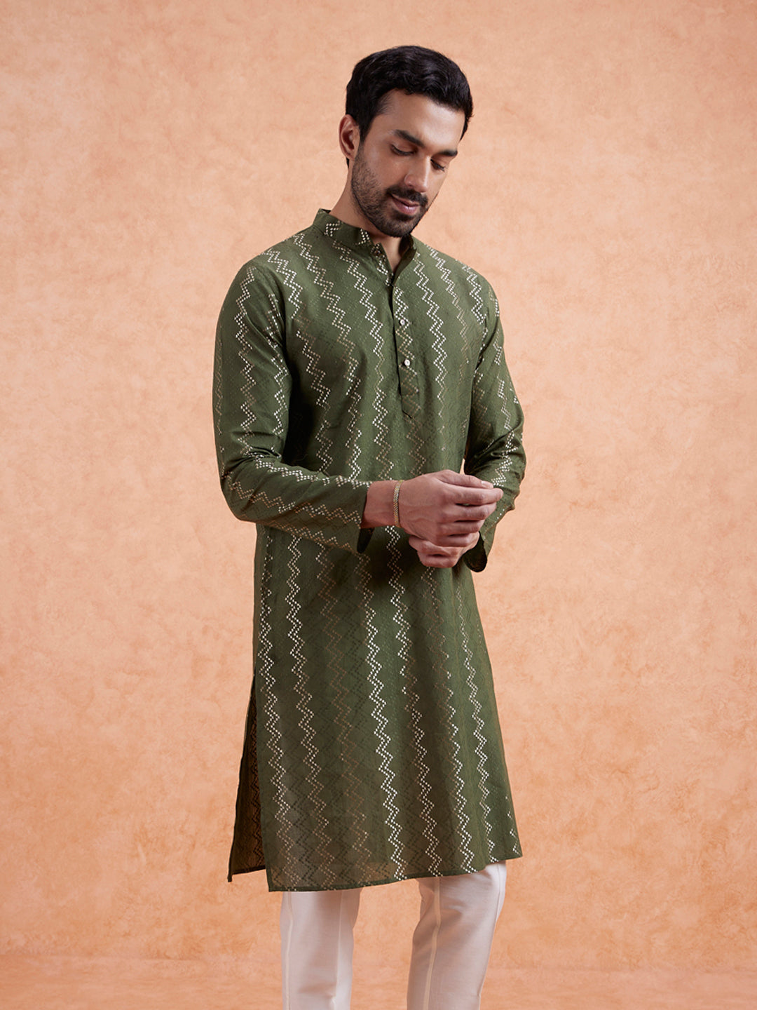 Green Cotton Blend Textured Long Kurta