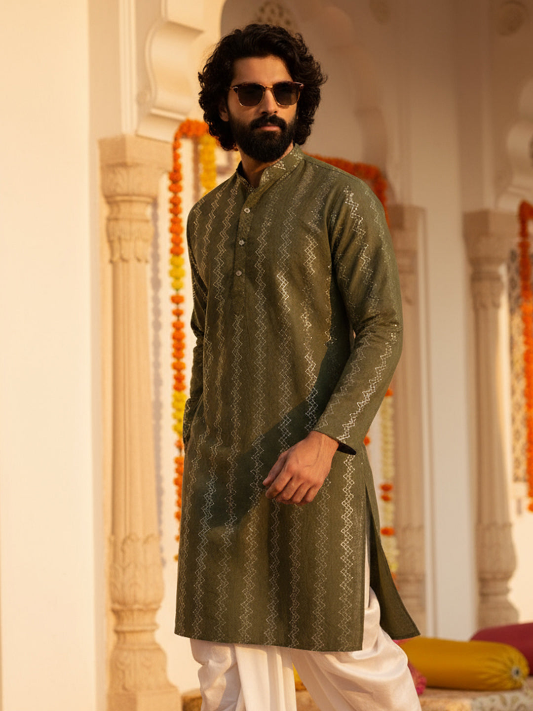 Green Cotton Blend Textured Long Kurta