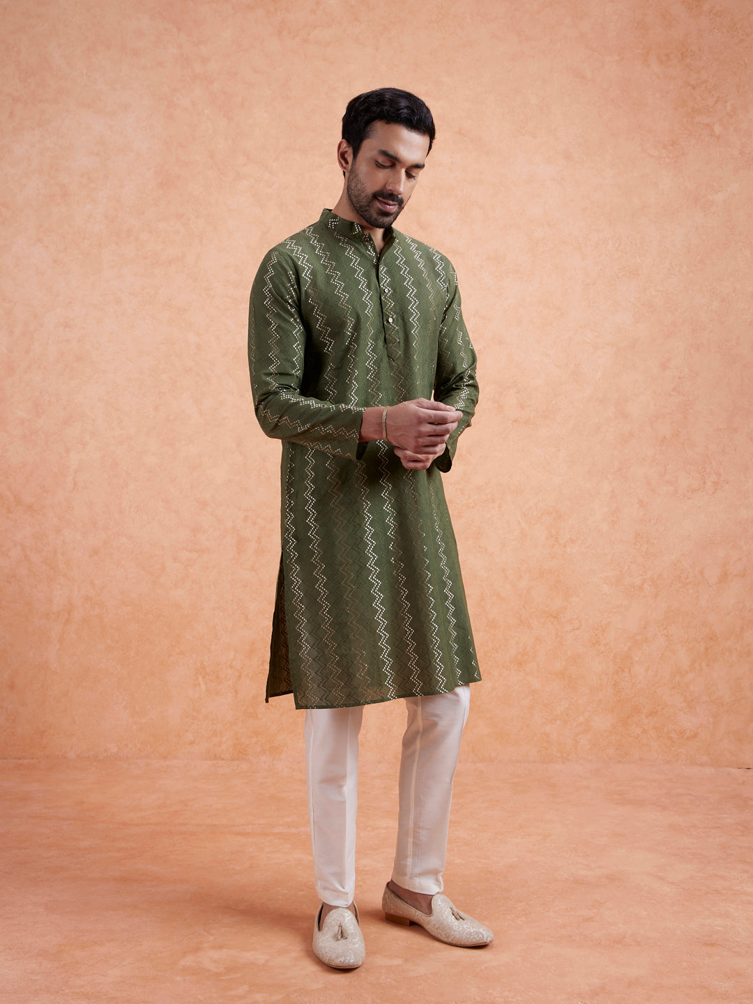 Green Cotton Blend Textured Long Kurta