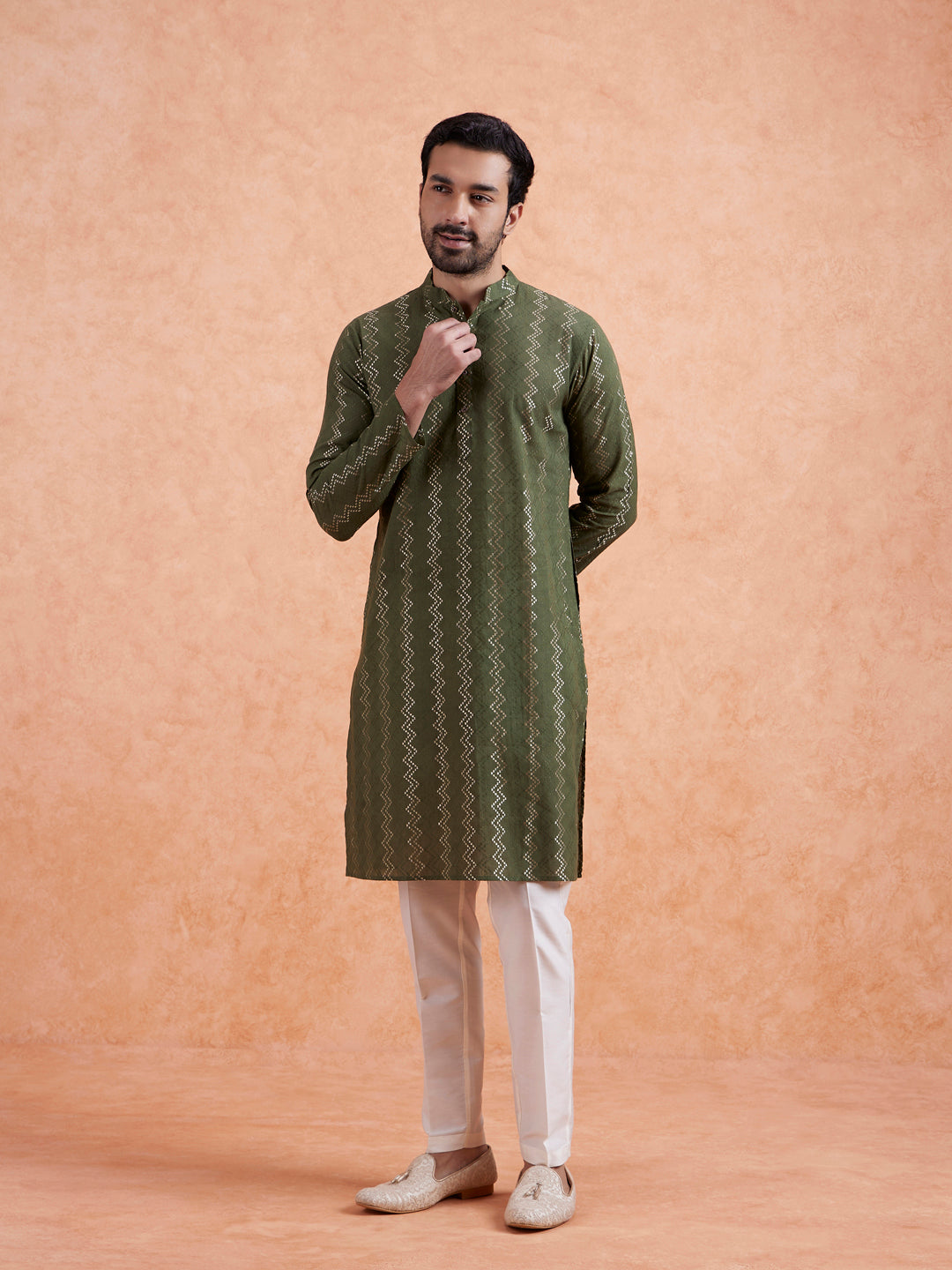 Green Cotton Blend Textured Long Kurta