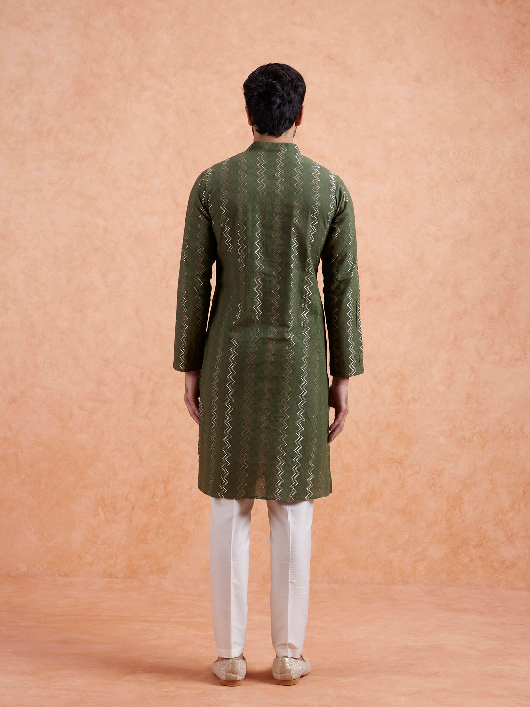 Green Cotton Blend Textured Long Kurta