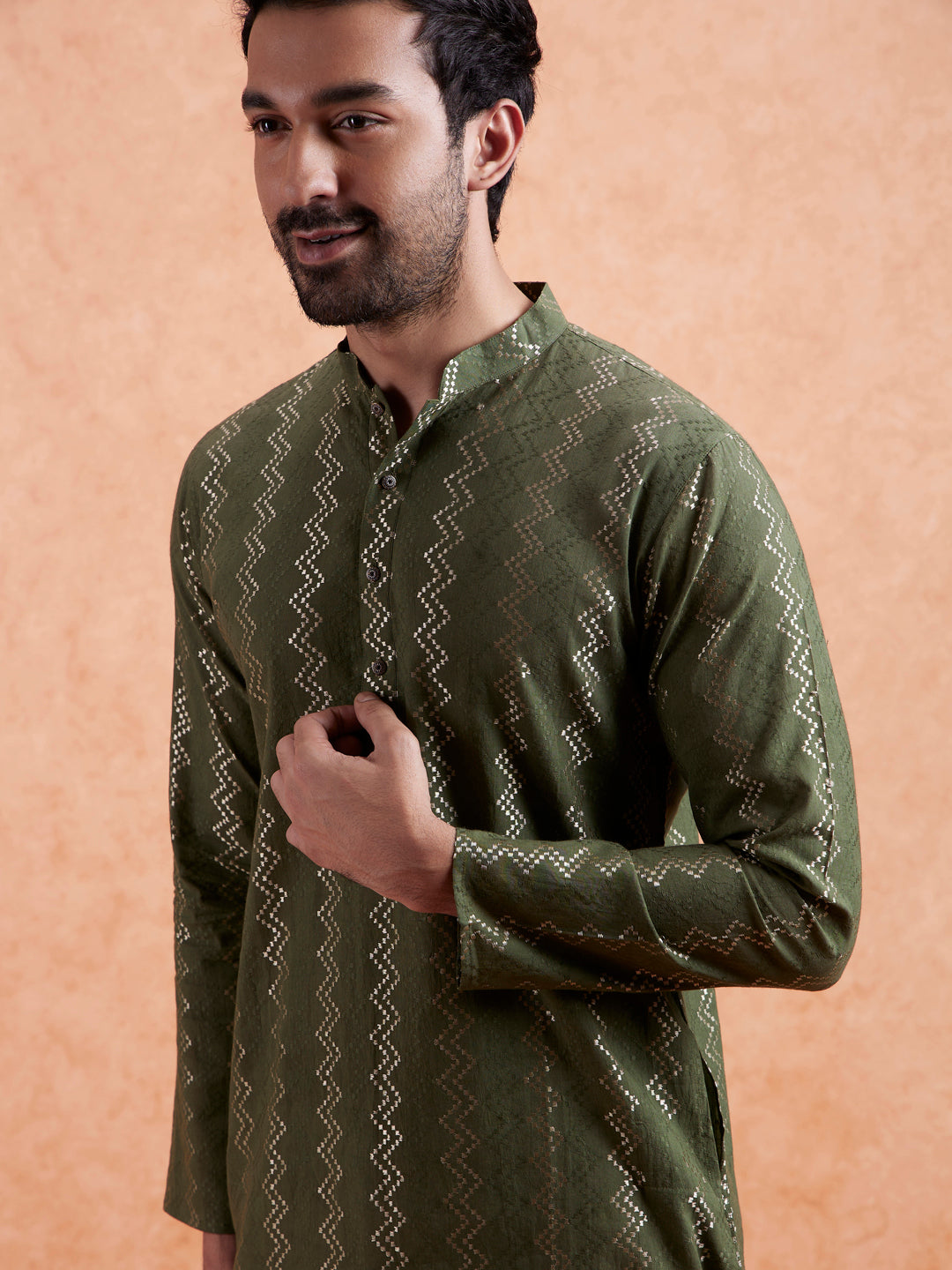 Green Cotton Blend Textured Long Kurta