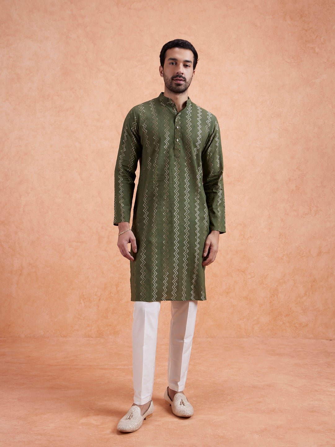 Green Cotton Blend Textured Long Kurta