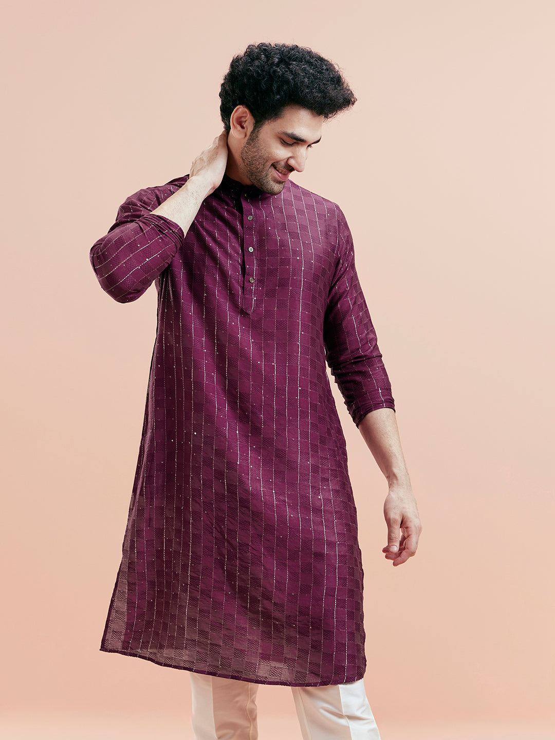 Wine Textured Sequinned Silk Blend Kurta