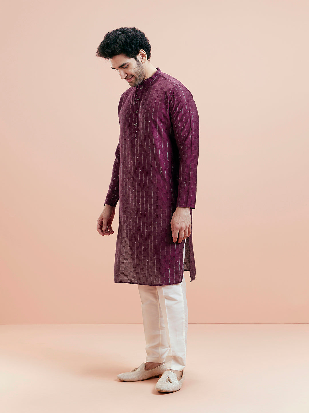 Wine Textured Sequinned Silk Blend Kurta